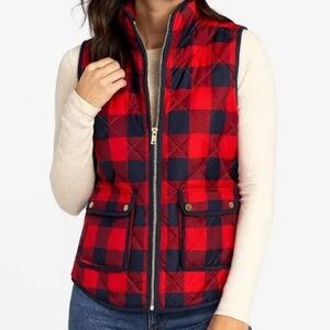 J.Crew Excursion Quilted Down Red and Black Checkered Puffer Vest Size Small EUC